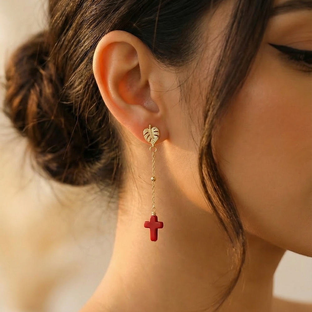 Gold Leaf Drop Earrings with Red Cross Charm - Women Jewelry